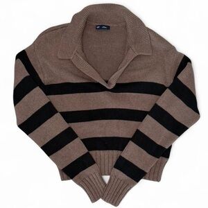 GAP Shrunken Striped Polo Collar Sweater in Brown + Black Stripe